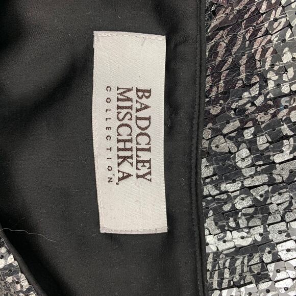 BADGLEY MISCHKA S Silver & Black Polyester Sequined Ostrich Feathers Dress - Picture 6 of 6